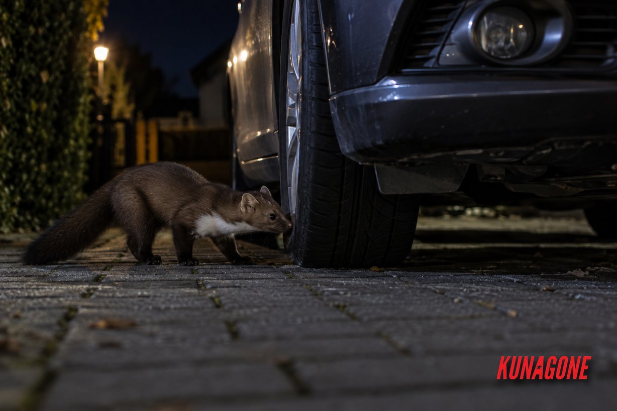 Kuna kamionka nocą przy kole samochodu, dlatego warto zabezpieczyć samochód przed kuną