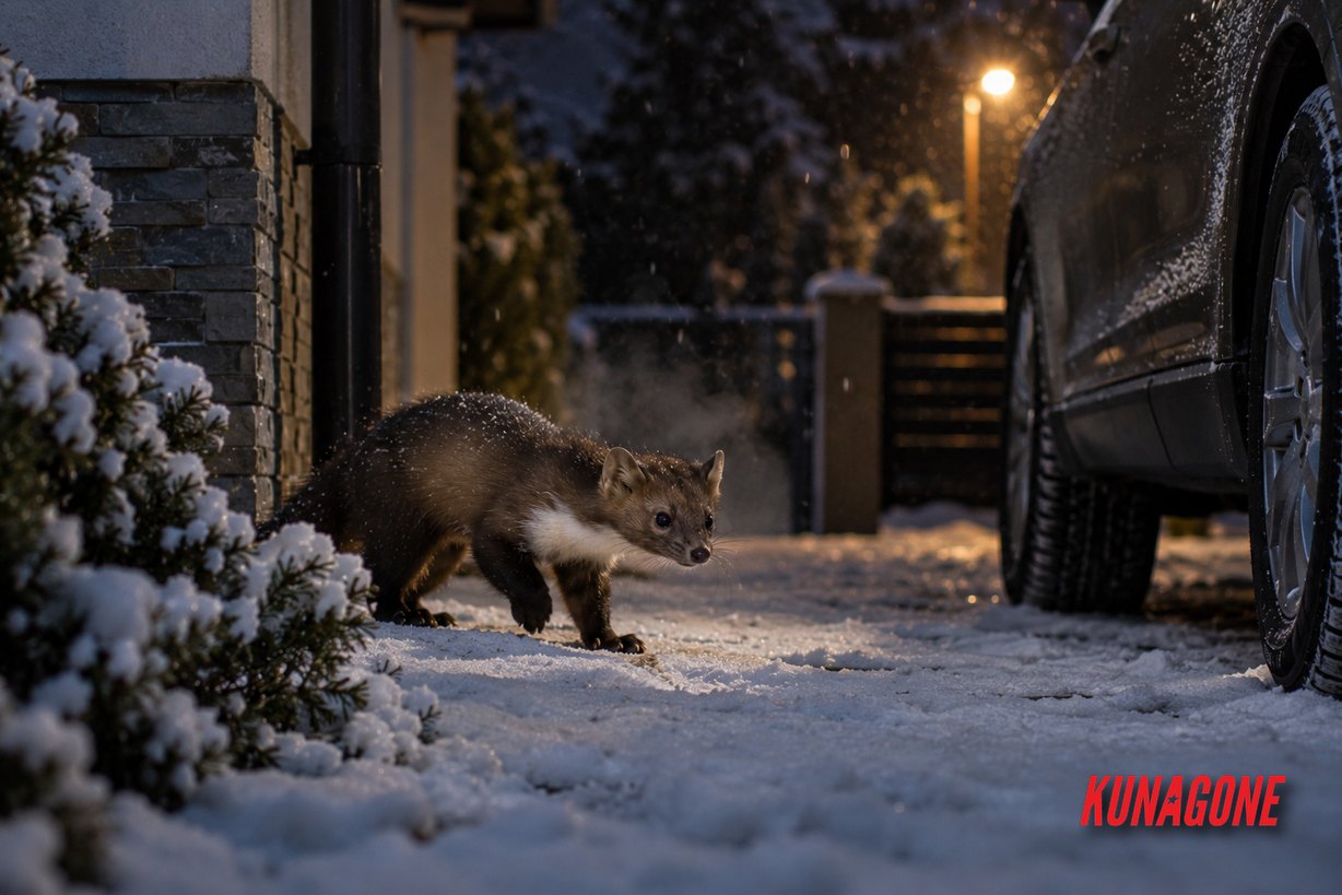 Kuna zimą nocą na ośnieżonym podjeździe przy domu i zaparkowanym samochodzie